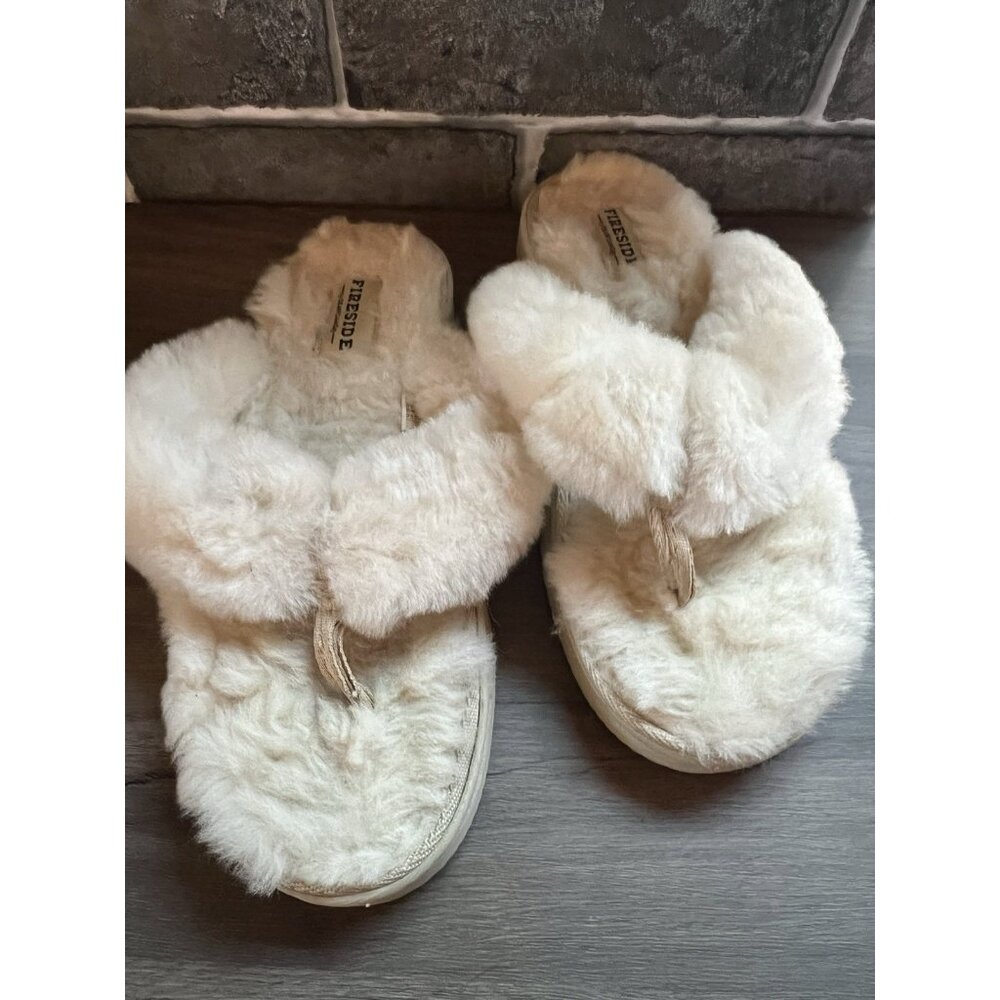 DEARFOAM Fireside Thong Shearling Natural Slipper EVA Outsole Sz 8 / 39